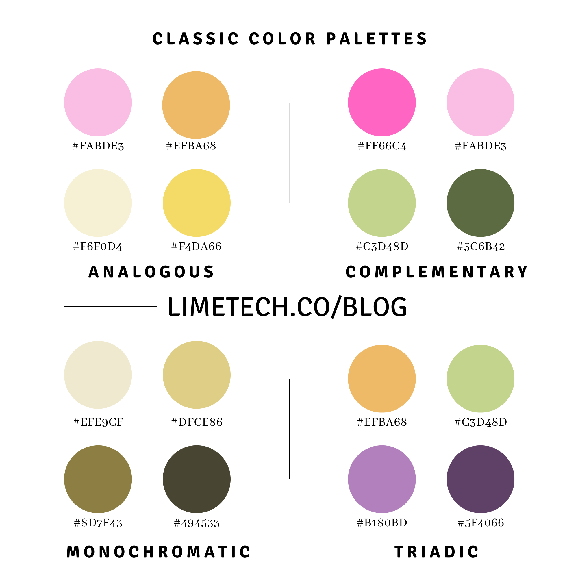 classic color palettes infographic showing analogous, complementary, monochromatic and triadic combinations