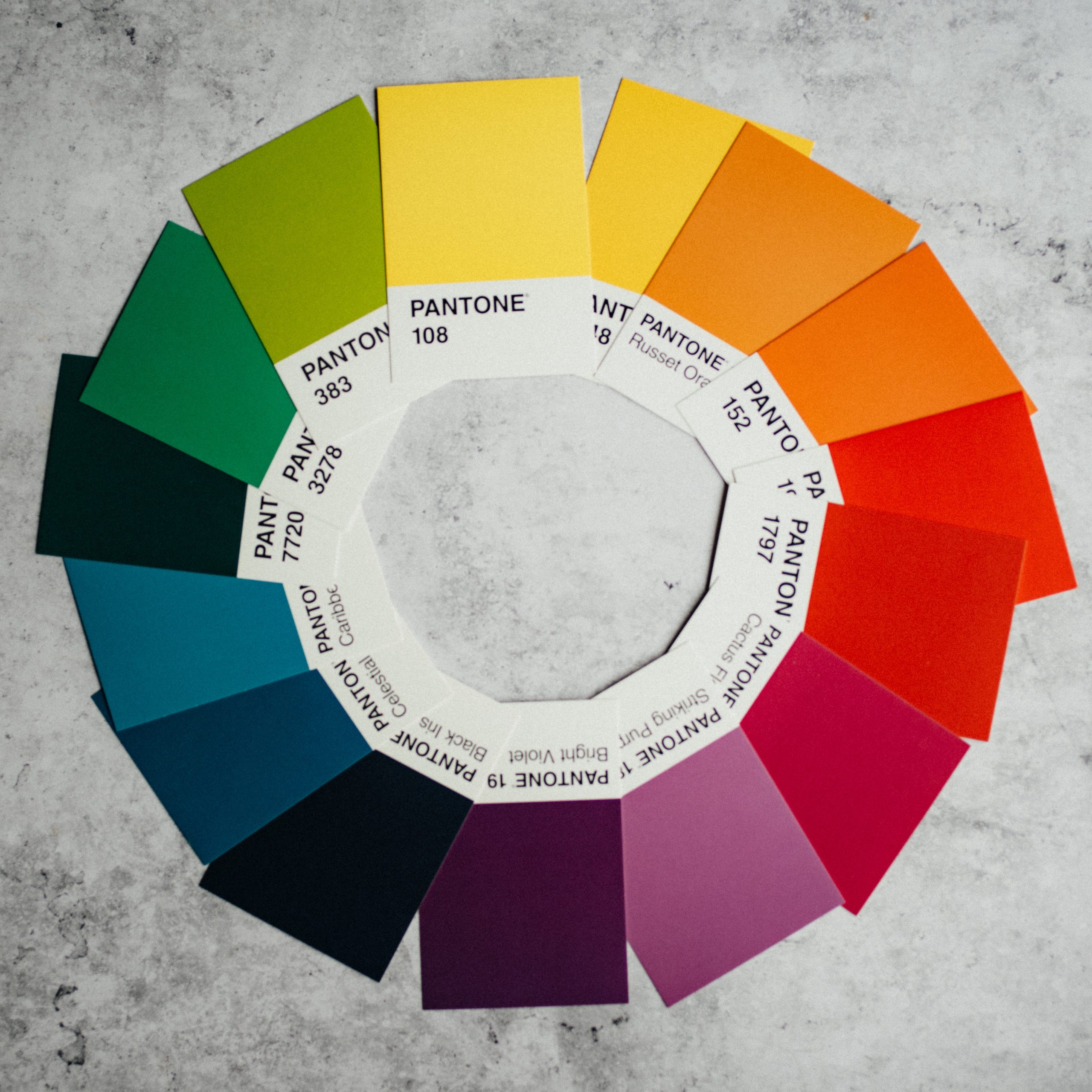 pantone color cards arranged like a color wheel