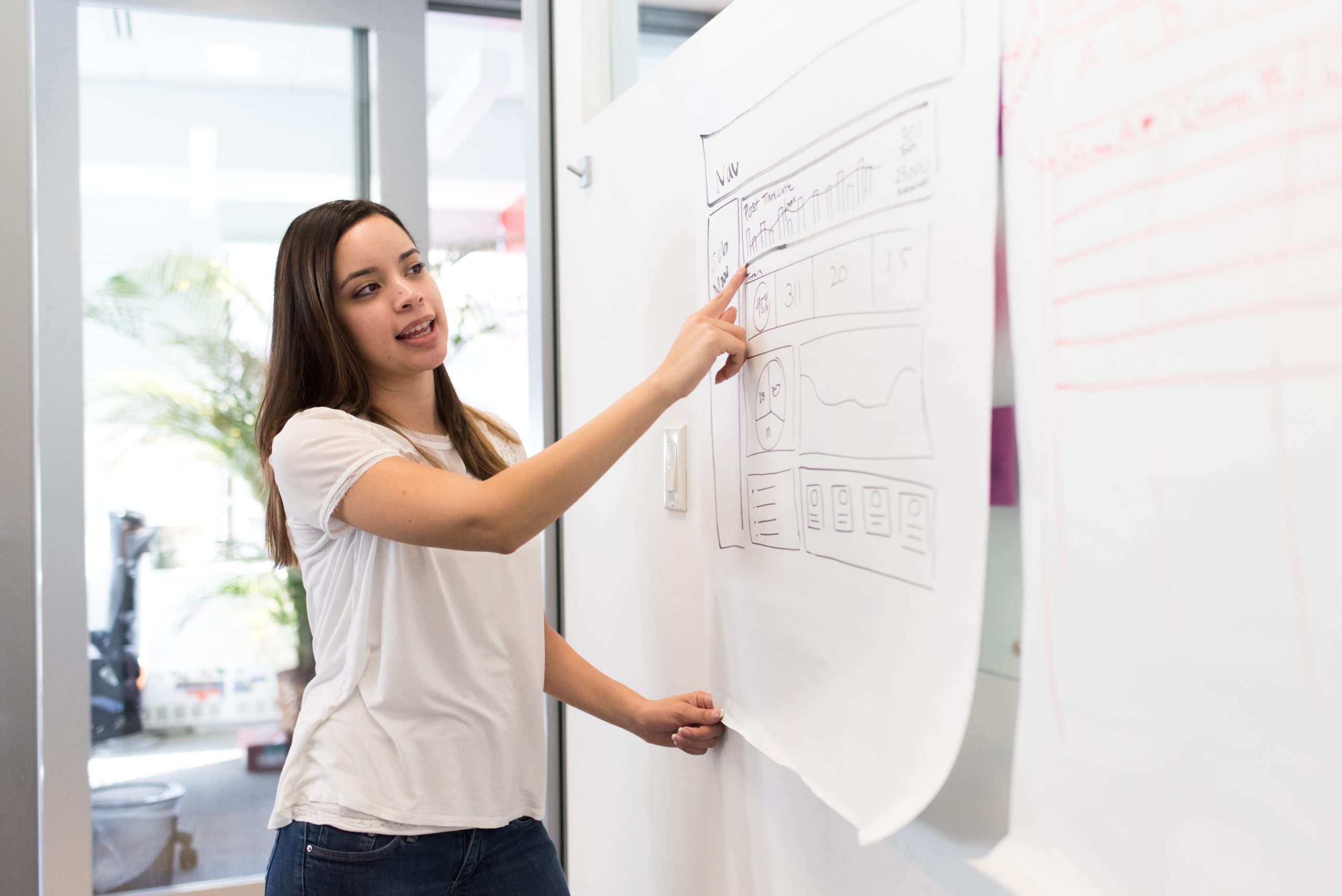 woman showing a point on a wireframe at whiteboard