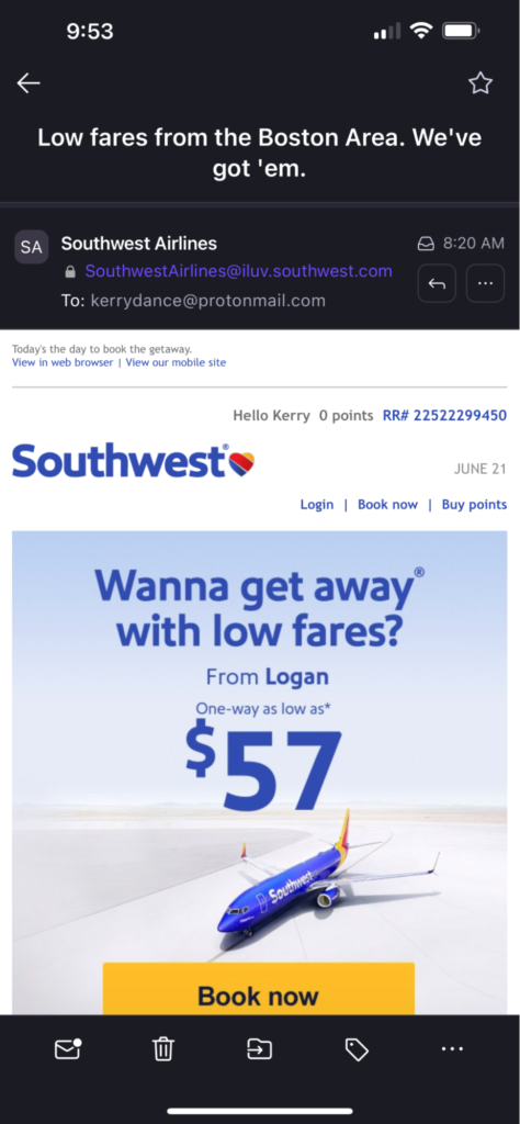screenshot of a screen on Southwest airlines mobile app