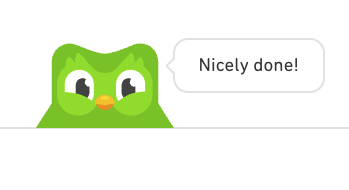 Duolingo owl with word balloon that reads "Nicely done!"
