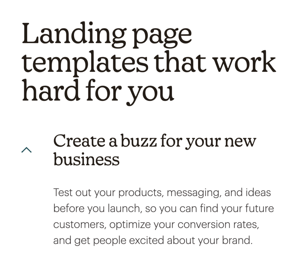 MailChimp screenshot talking about landing pages