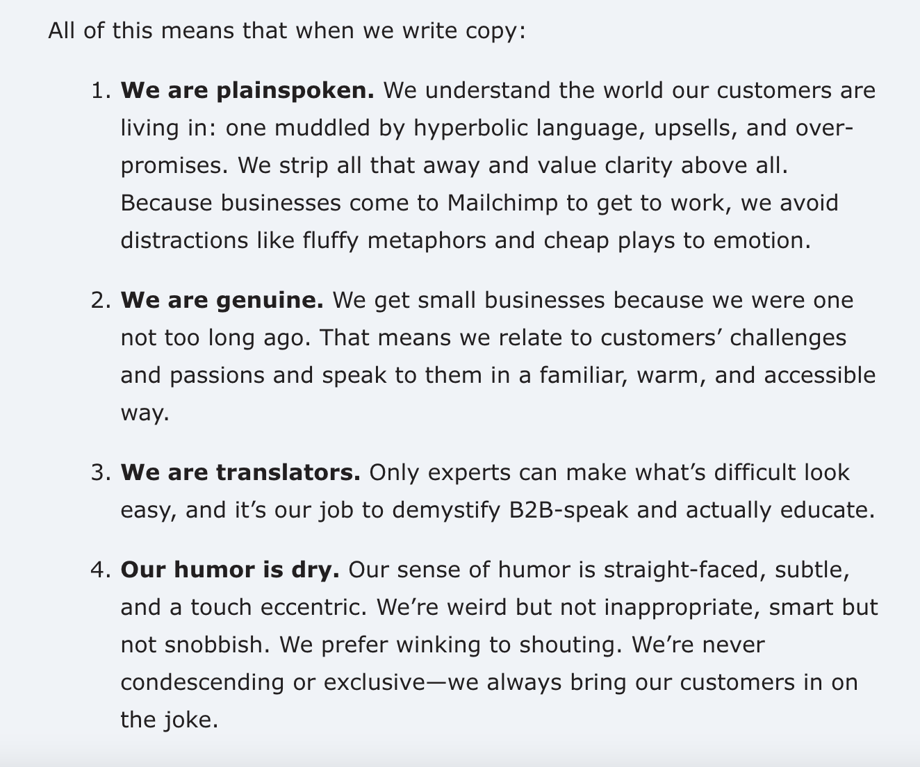 MailChimp screenshot of voice and tone guiding principles